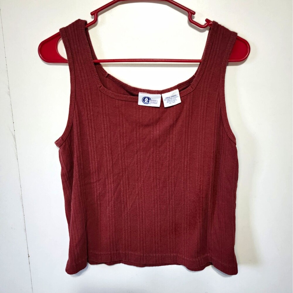 VTG Arizona Jean Co Ribbed Crop Tank Top Red Maroon Cotton Made In USA Sz L Y2K